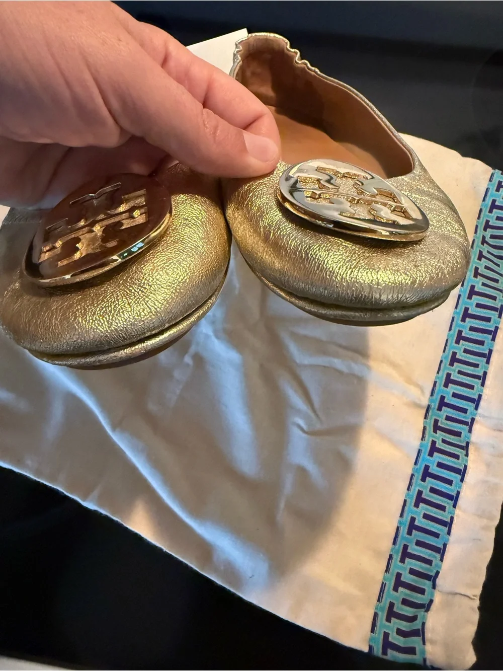 Tory Burch Metallic Gold Logo Ballet Flats